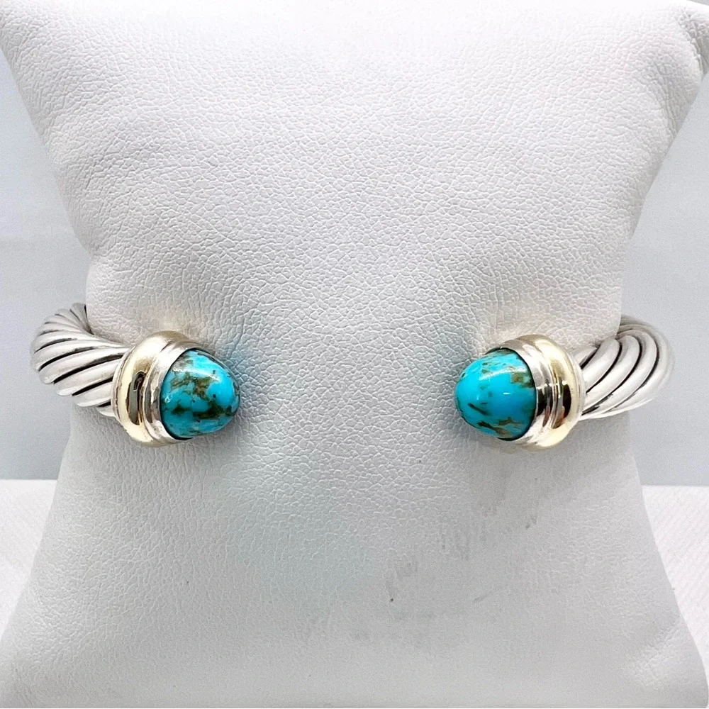 David Yurman Sterling Silver & 14K Gold Turquoise Cable Bracelet - Picture 5 of 14